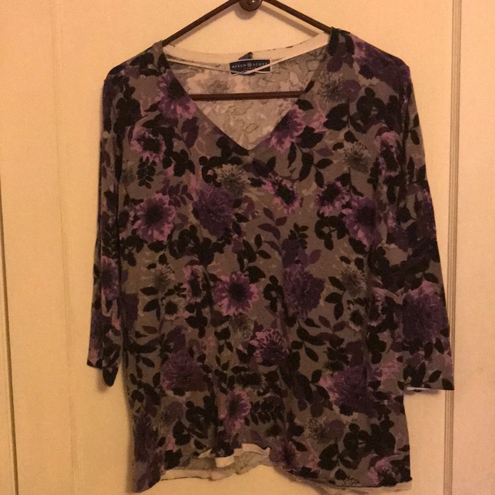 💜 Pretty Purple Black N Grey Karen Scott 3/4 Sleeve Lightweight Sweater Loved💜